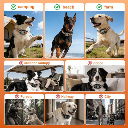 Smart electronic dog fence receiver unit highlighting the circular and free-form mode buttons.