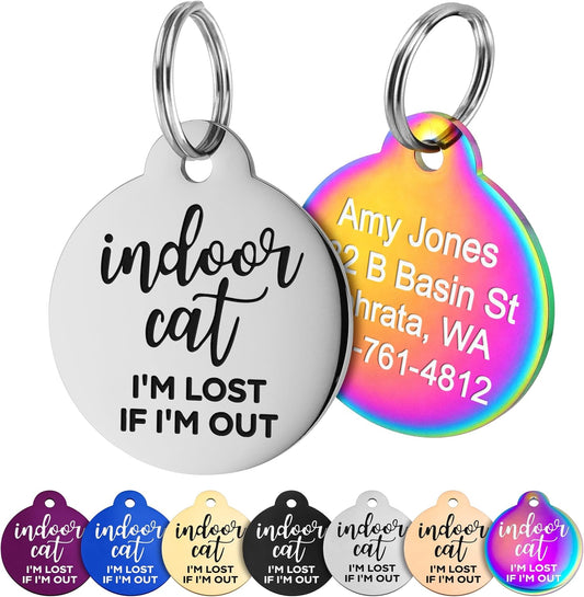 GoTags personalized indoor cat tag stainless steel front view with custom awareness text