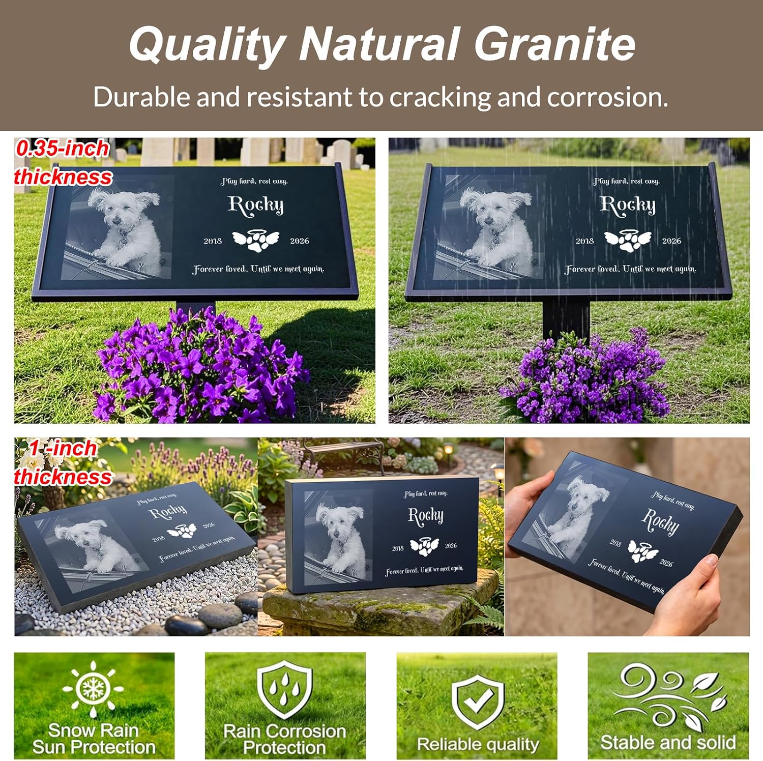 FANTAART cat memorial headstone displaying customized dates and sympathy quote engraving.