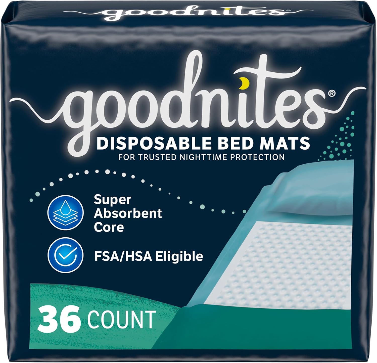 GoodNites disposable bed pads 36 count box front view showcasing overnight mattress protection packaging