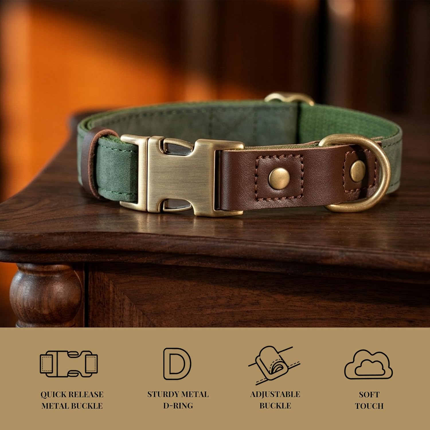 Side view of Didog green leather dog collar with metal hardware