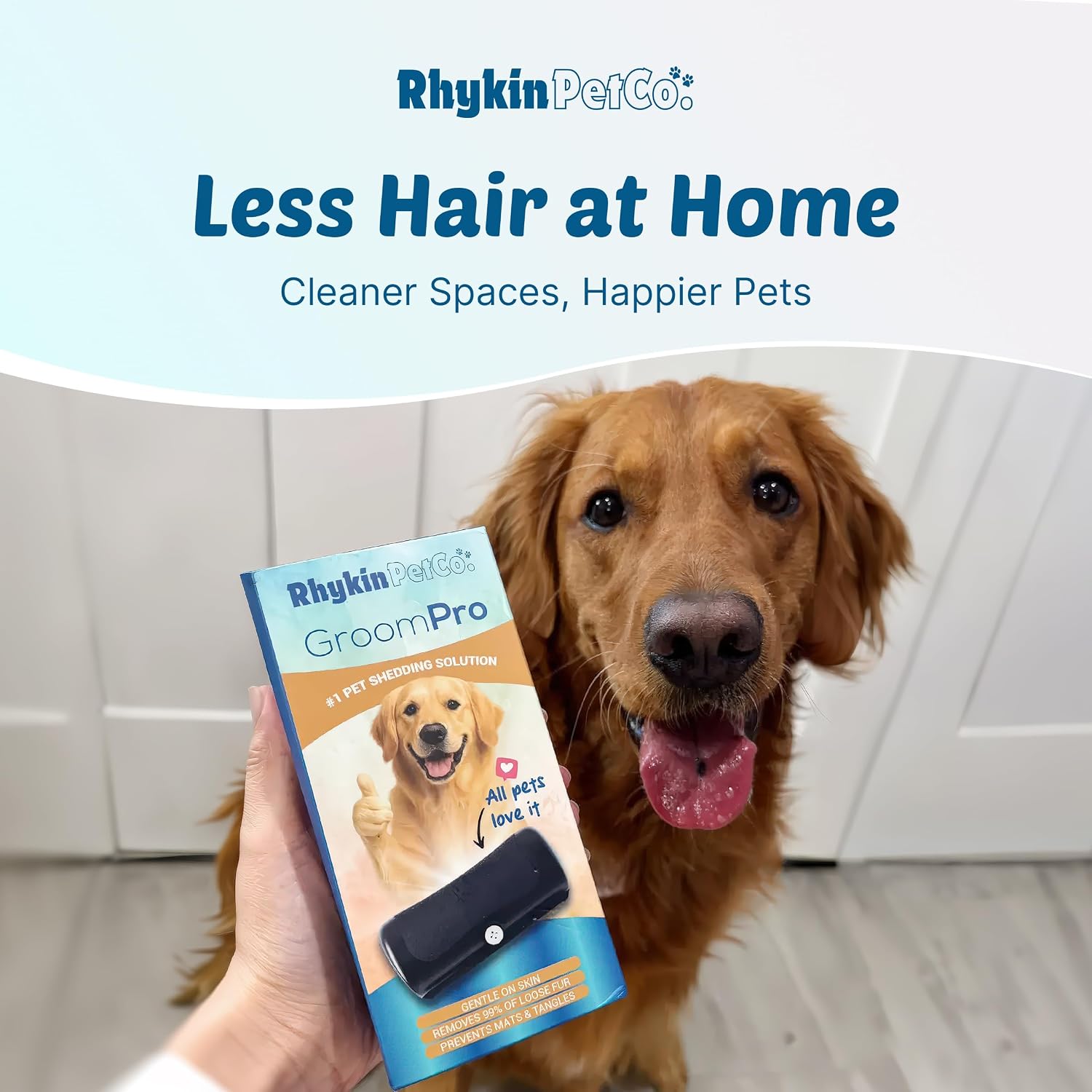 Full view of the eight images showcasing the black Rhykin GroomPro dog grooming brush features and components.