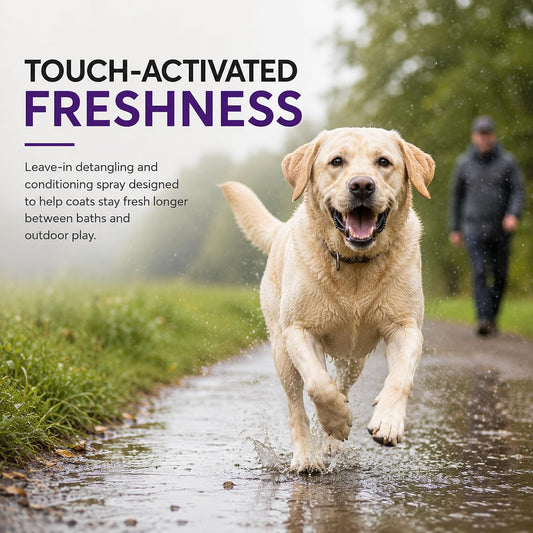 nanoSCENT leave in coat conditioner spray being applied to a long-haired pet