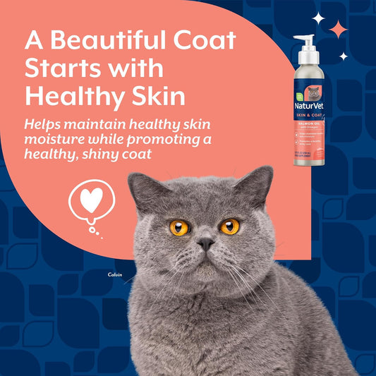 NaturVet liquid salmon oil cat supplement nutrition label showing omega fatty acids