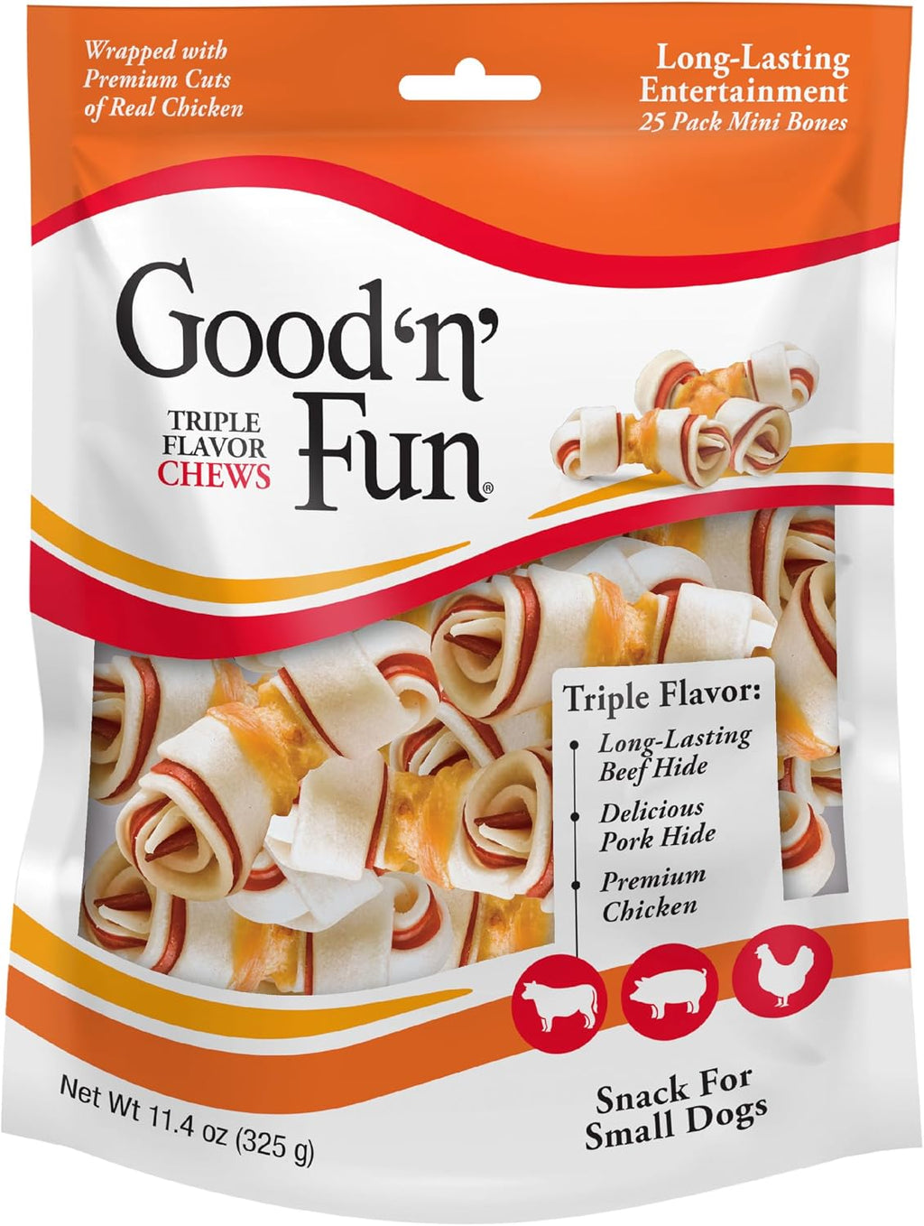 Good N Fun Triple Flavor Mini Rawhide Chews front packaging view premium dog treats