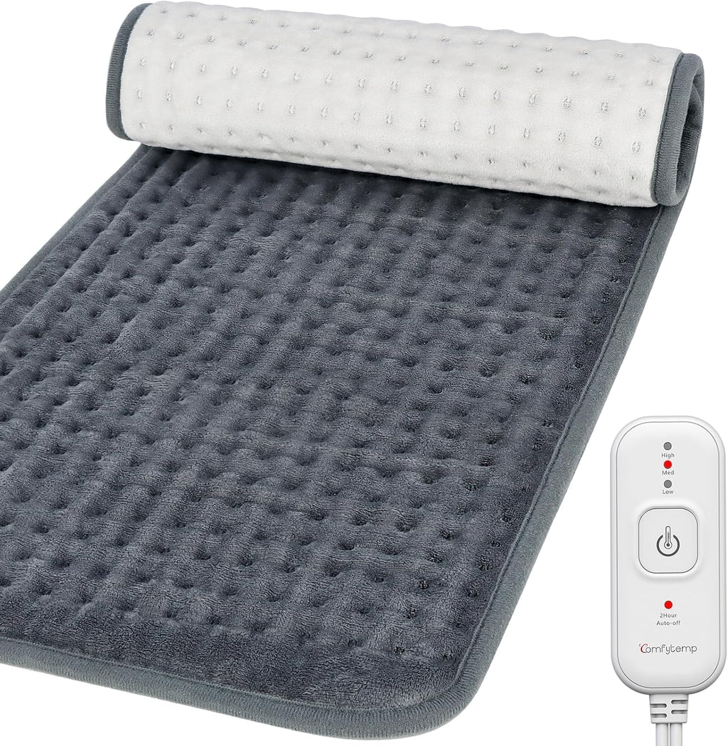 Comfytemp electric heating pad front view showing deep grey plush flannel material