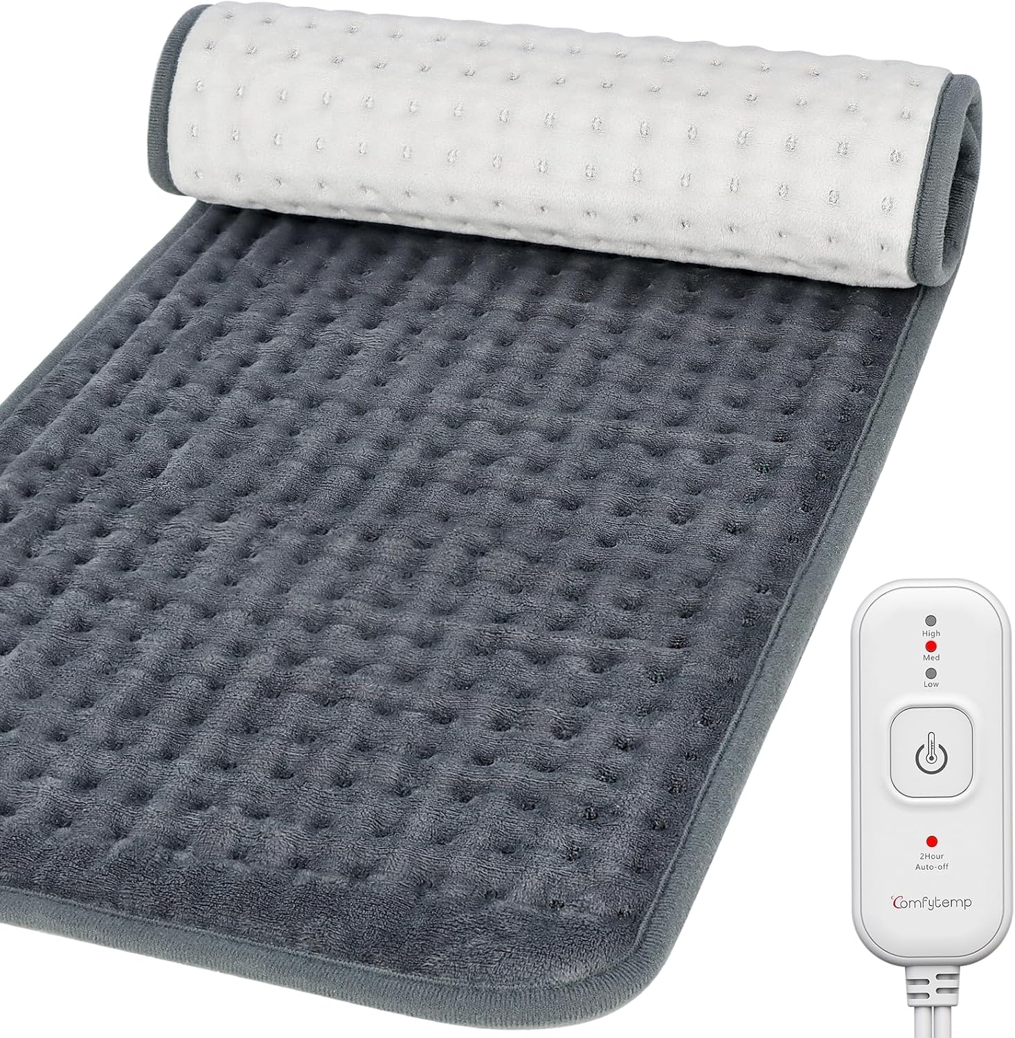 Comfytemp electric heating pad front view showing deep grey plush flannel material