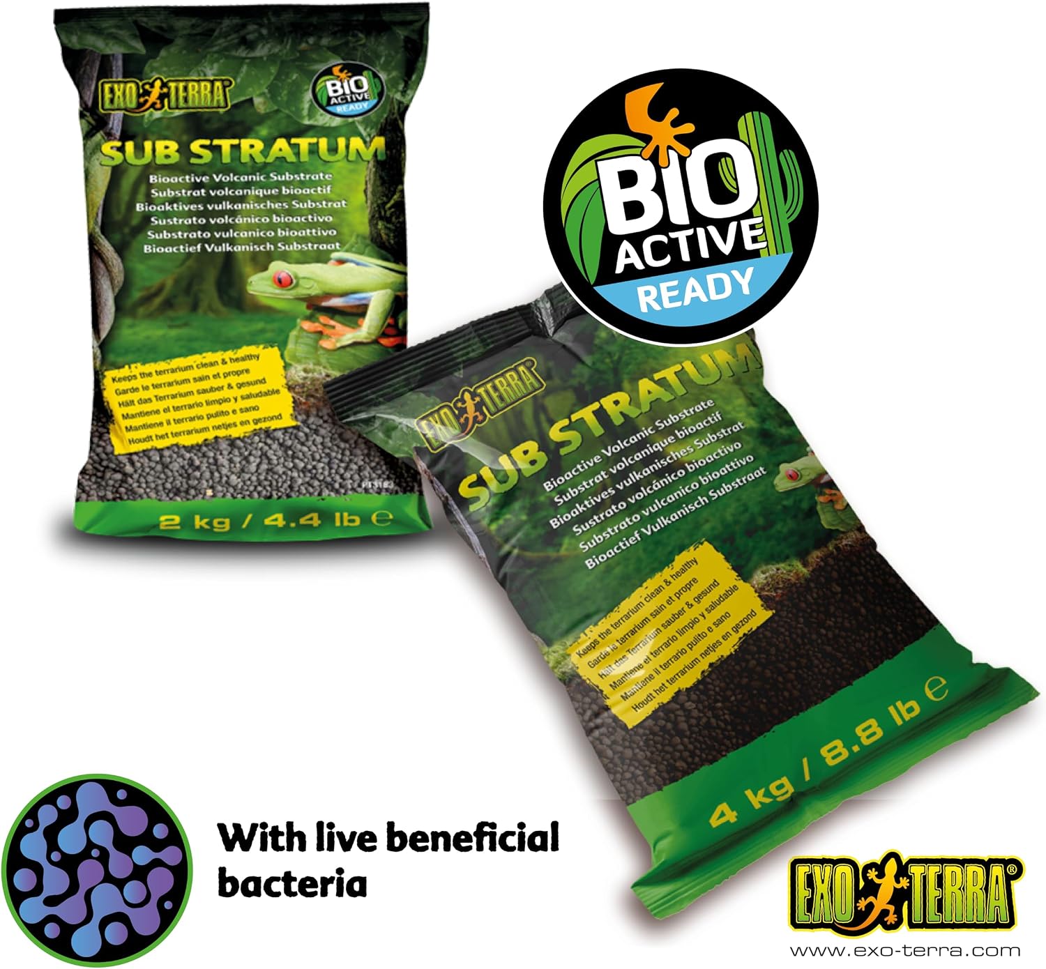 Exo Terra bioactive volcanic substrate bag highlighting the four kilogram size variant.