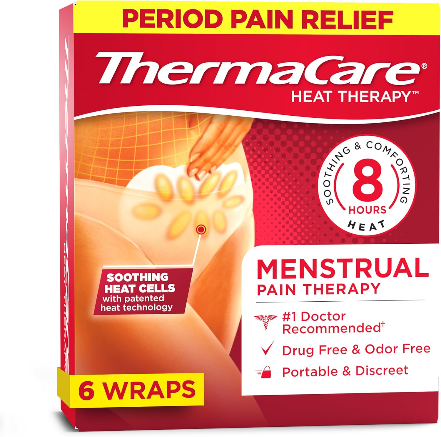 ThermaCare menstrual heating pad front packaging view for portable period cramp relief