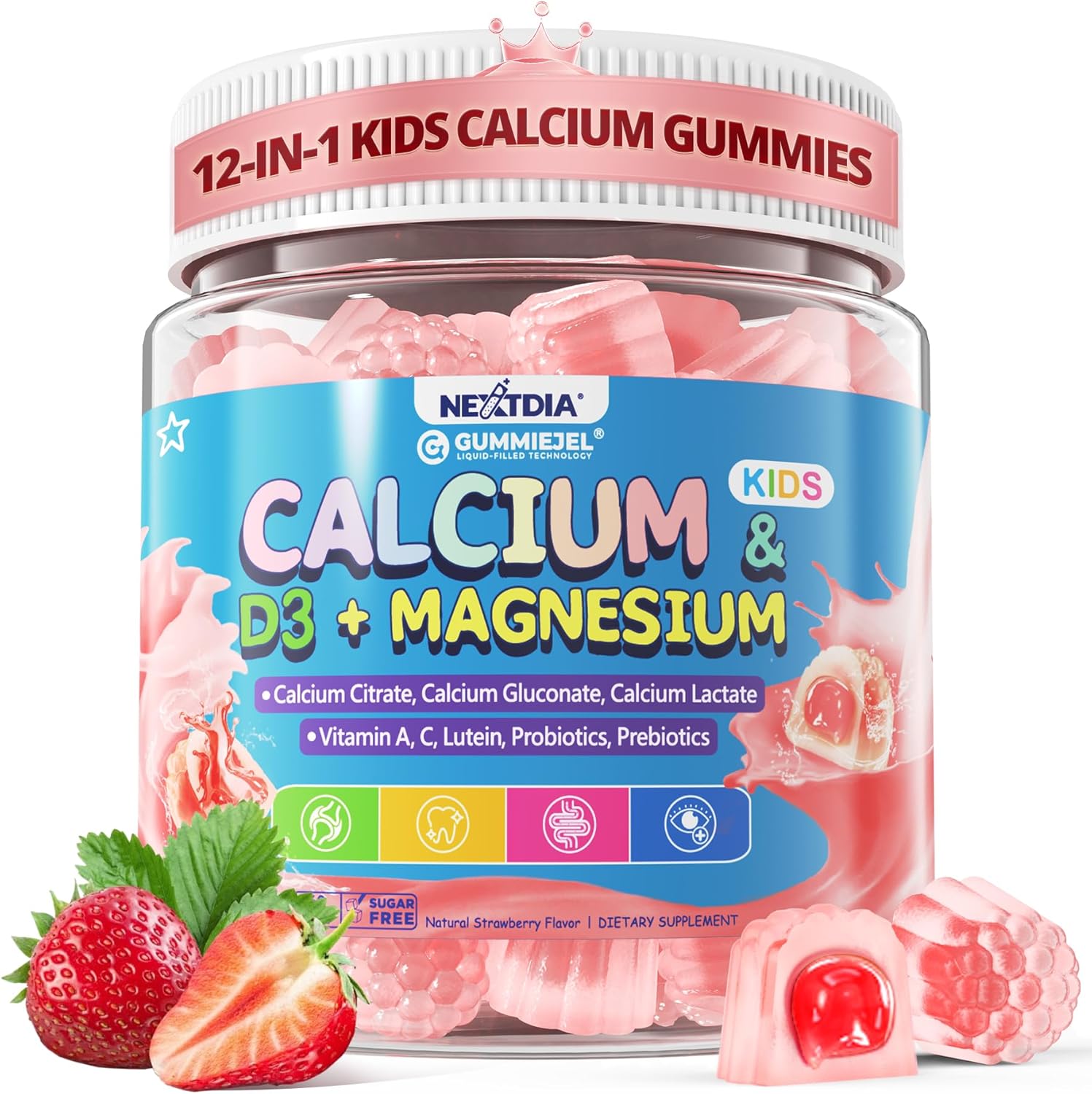 Nextdia Kids Calcium and Vitamin D3 gummies front bottle view