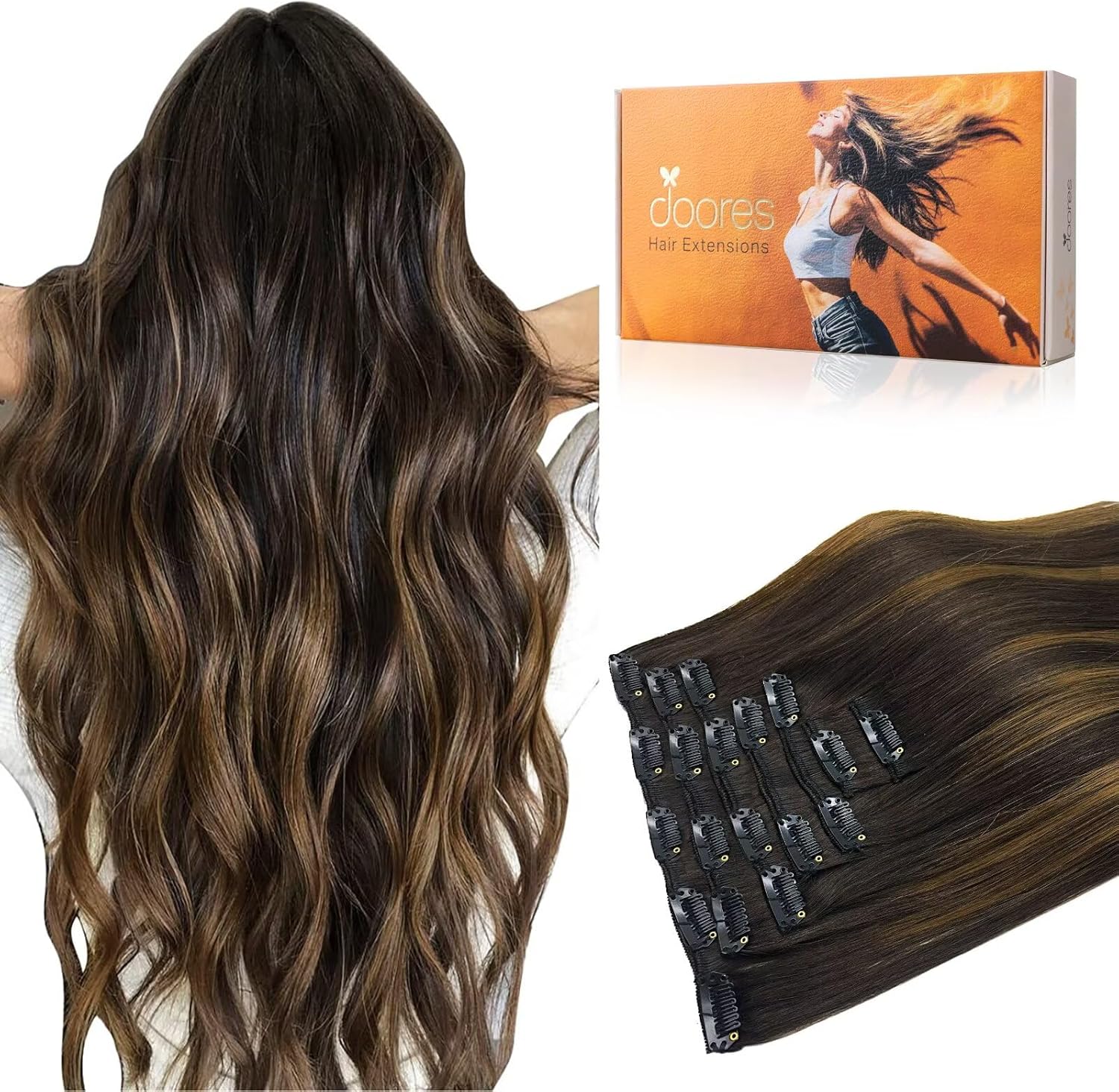 DOORES clip in human hair extensions front view showing balayage dark brown to chestnut brown gradient.