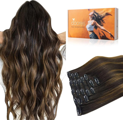 DOORES clip in human hair extensions front view showing balayage dark brown to chestnut brown gradient.