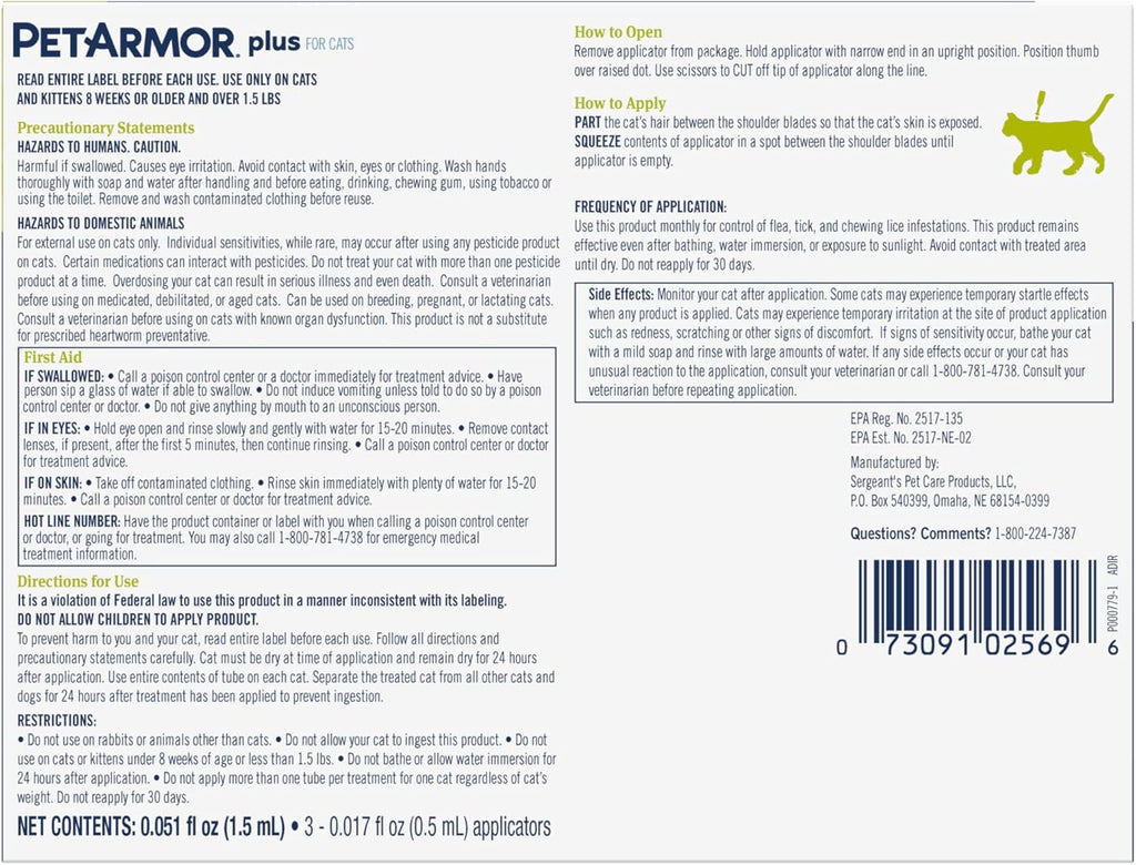 PetArmor Plus Flea and Tick Prevention for Cats over 1.5 lbs, Cat Flea and Tick Treatment, 1 Dose, Waterproof Topical, Fast Acting - Image 9