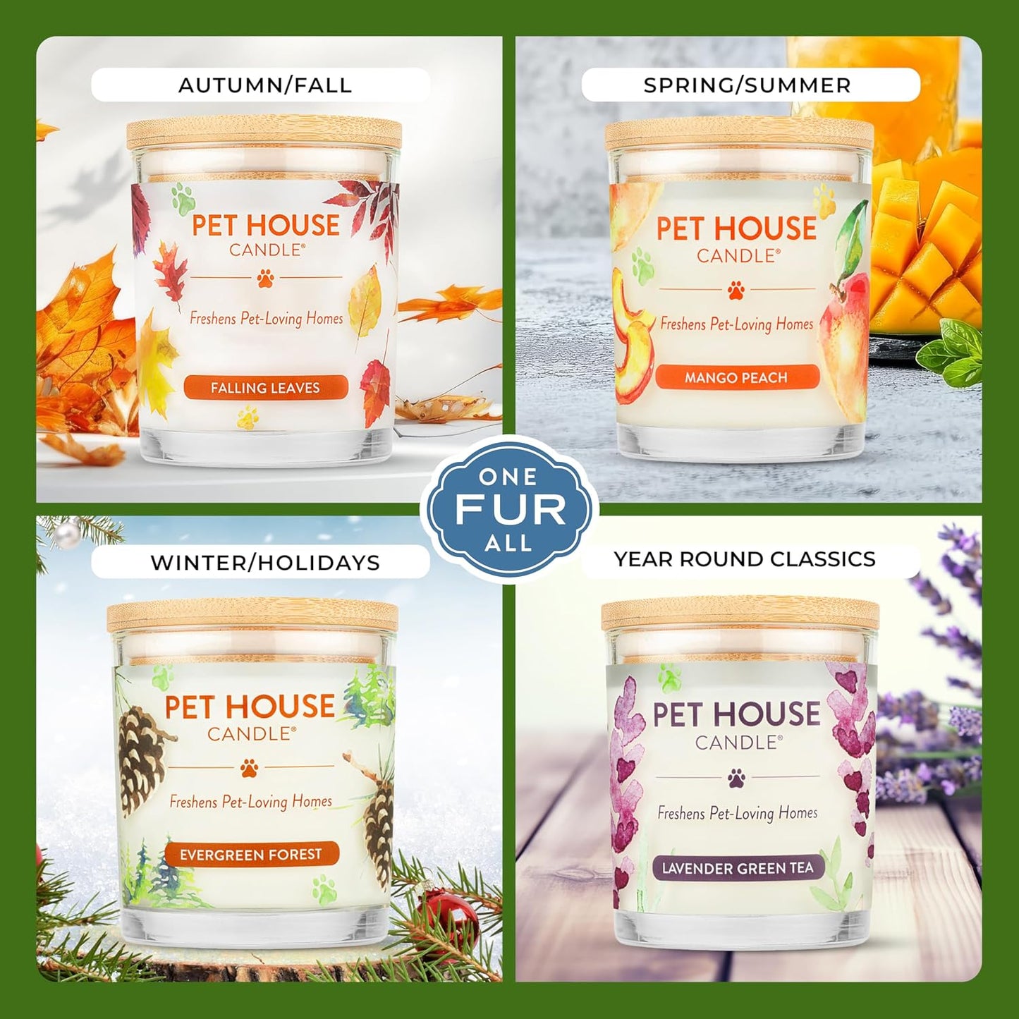 One Fur All Fresh Citrus scented jar candle label detail clean burning formula.