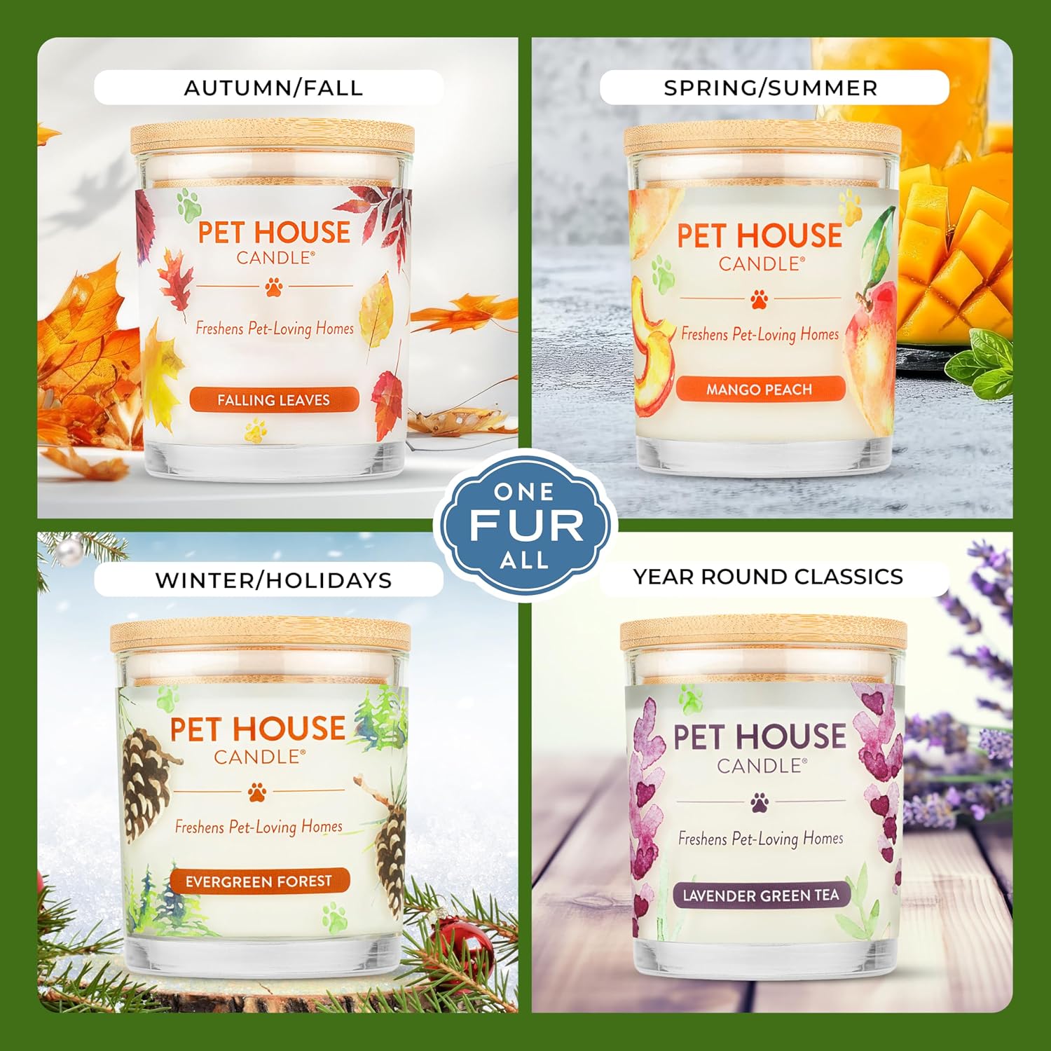 One Fur All Fresh Citrus scented jar candle label detail clean burning formula.