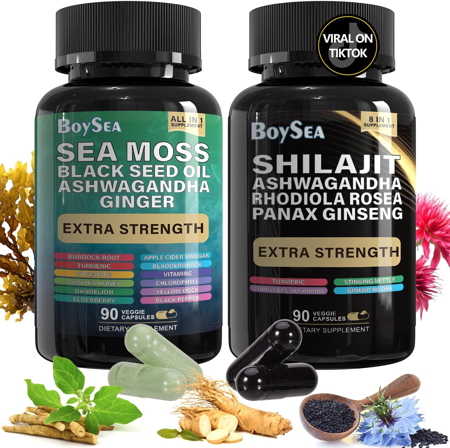 Gujisa Boysea Shilajit and Sea Moss Bundle 90 Capsules front view premium dietary supplement