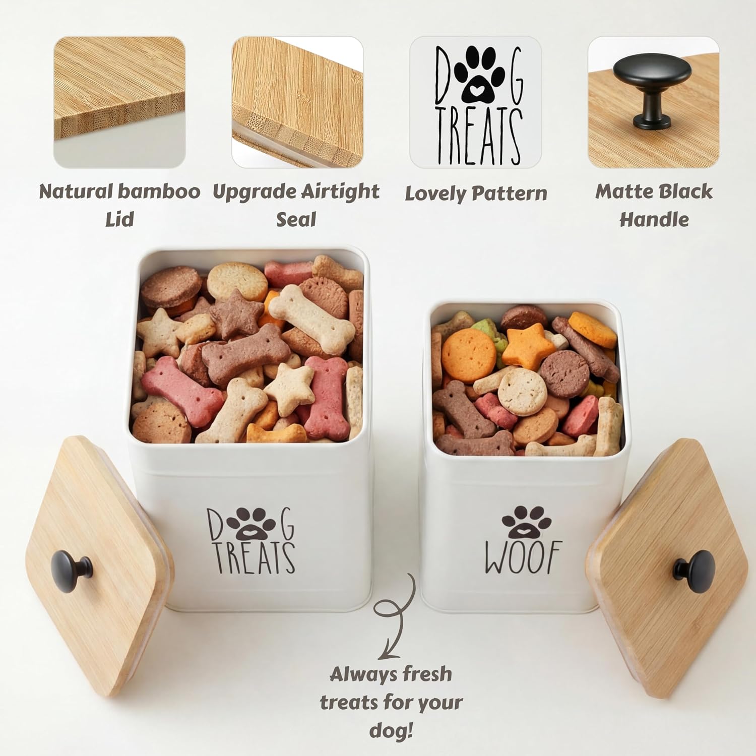 Galvanized steel dog treat storage with matte black handles