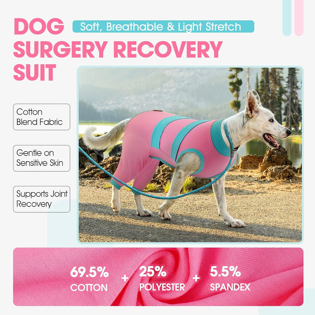 Dog comfortably resting while wearing pink recovery onesie