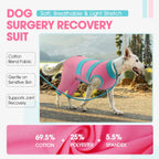 Dog comfortably resting while wearing pink recovery onesie