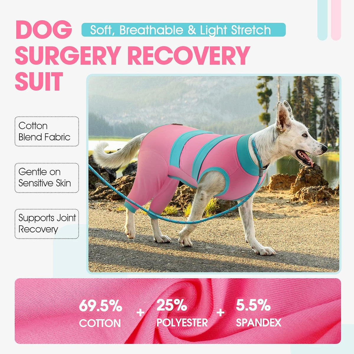 Dog comfortably resting while wearing pink recovery onesie