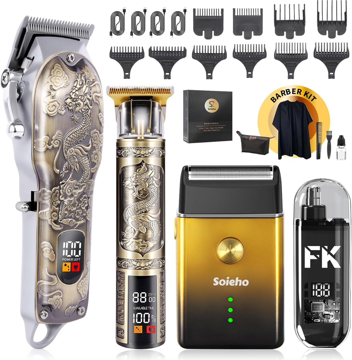 Soieho professional cordless electric hair clipper set front view showcasing the gold embossed dragon design.