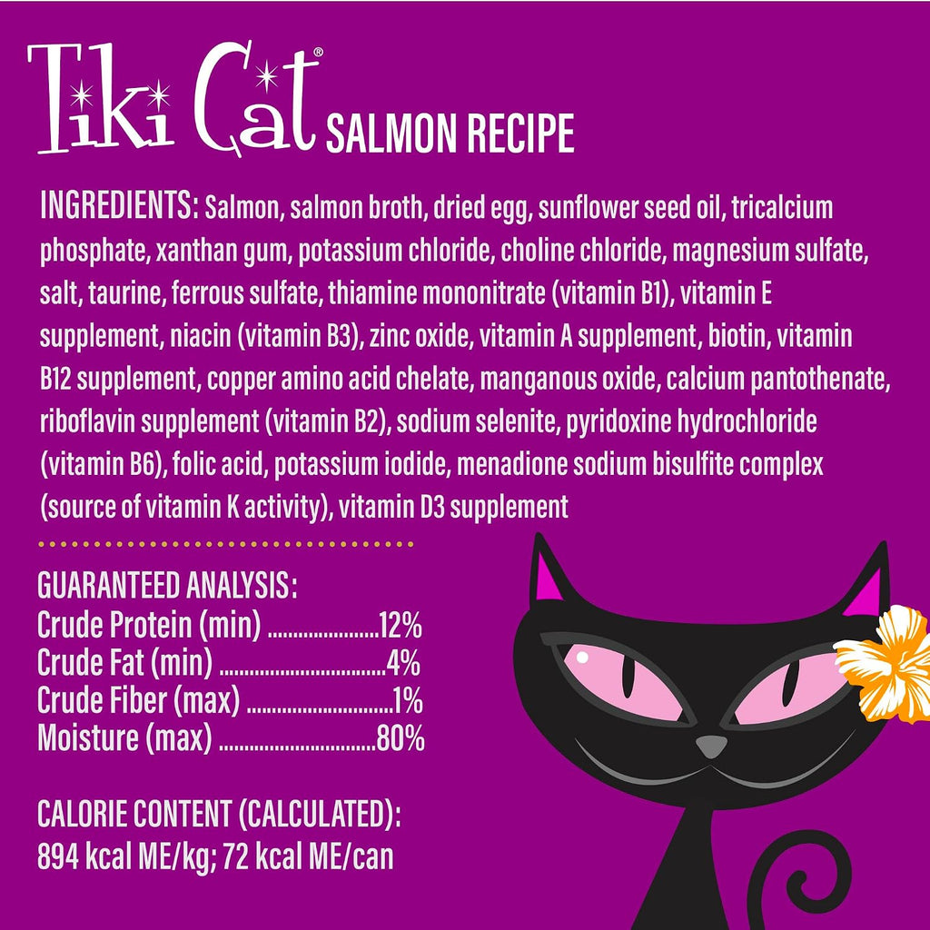 Tiki Pets Tiki Cat Luau Velvet Mousse Salmon serving suggestion with cat