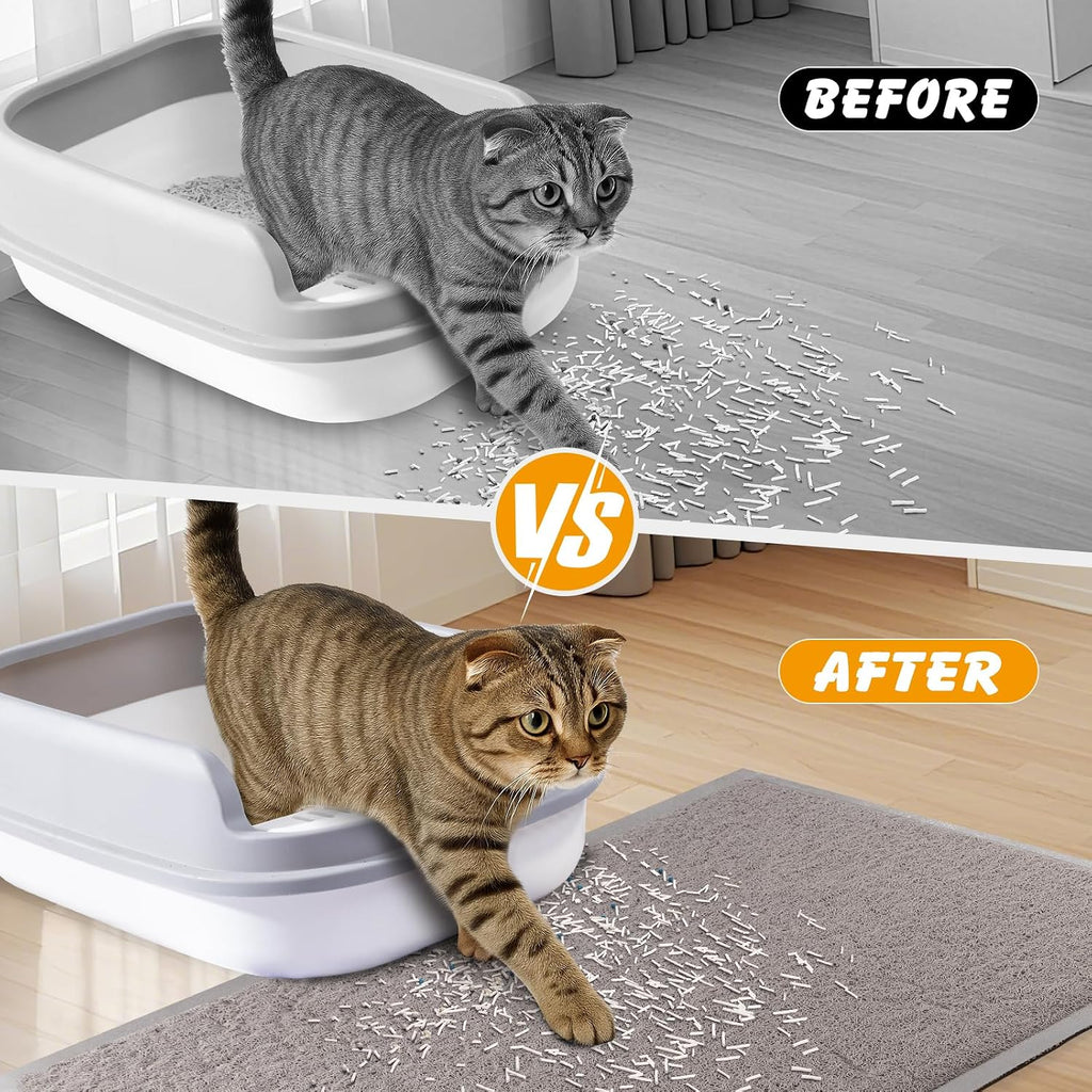 Ondware gray pet mat placed neatly beneath a feline litter station.