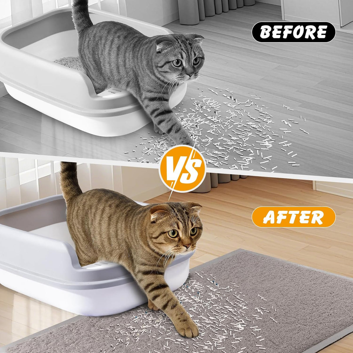 Ondware gray pet mat placed neatly beneath a feline litter station.