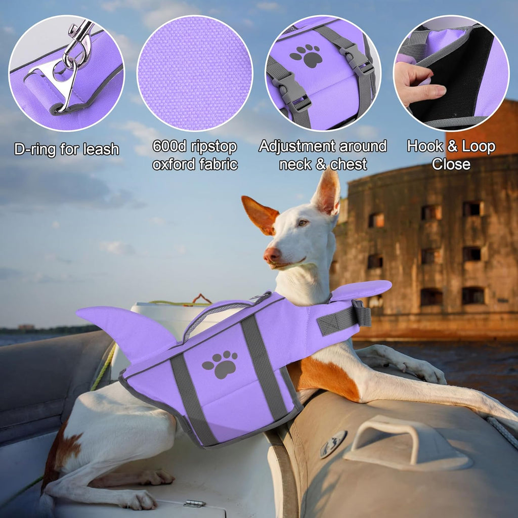 Dogcheer shark fin life vest showing adjustable belly straps