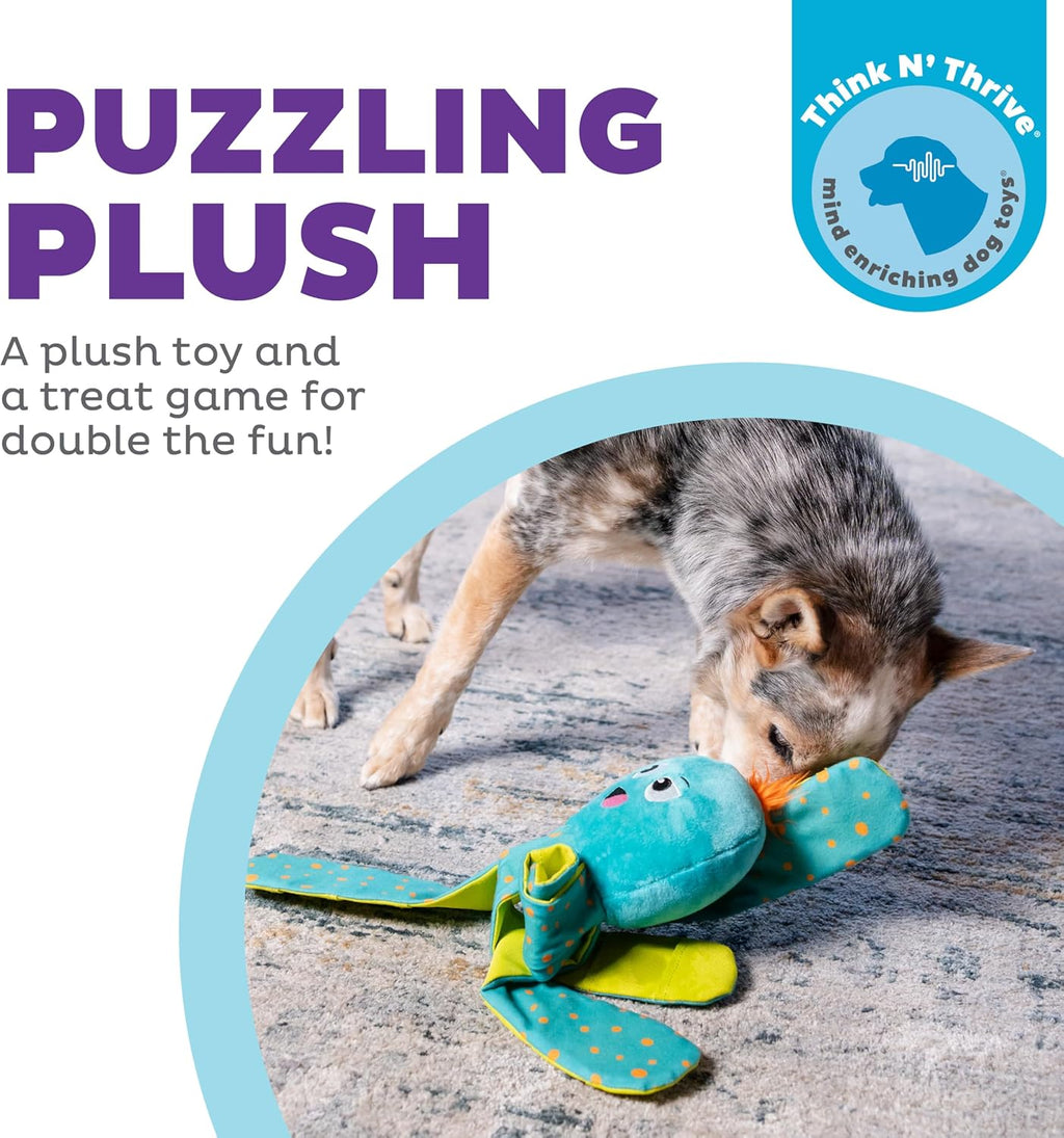 Blue octopus plush dog puzzle with treat pockets unrolled