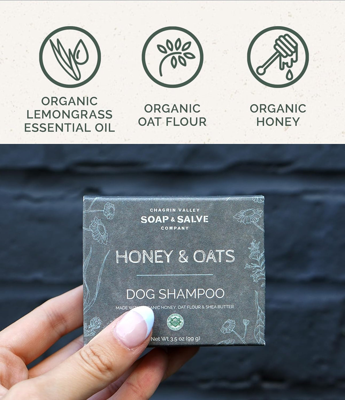Chagrin Valley dog shampoo bar lathered in hands for grooming