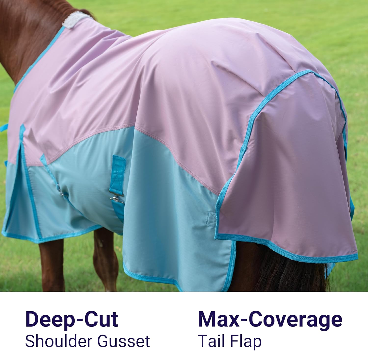 Equestrian turnout blanket showing double buckle front closure with integrated Velcro system