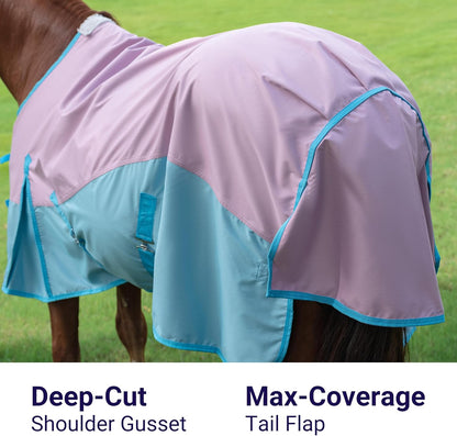 Equestrian turnout blanket showing double buckle front closure with integrated Velcro system