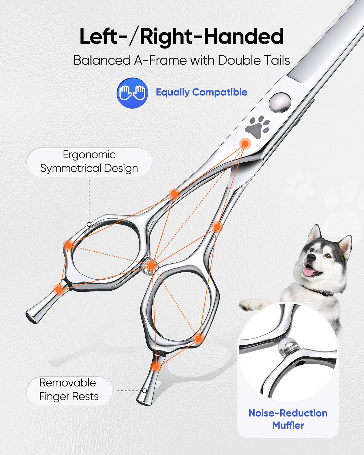 ULG 7 inch curved pet shears featuring built in noise reducing silencer pad.