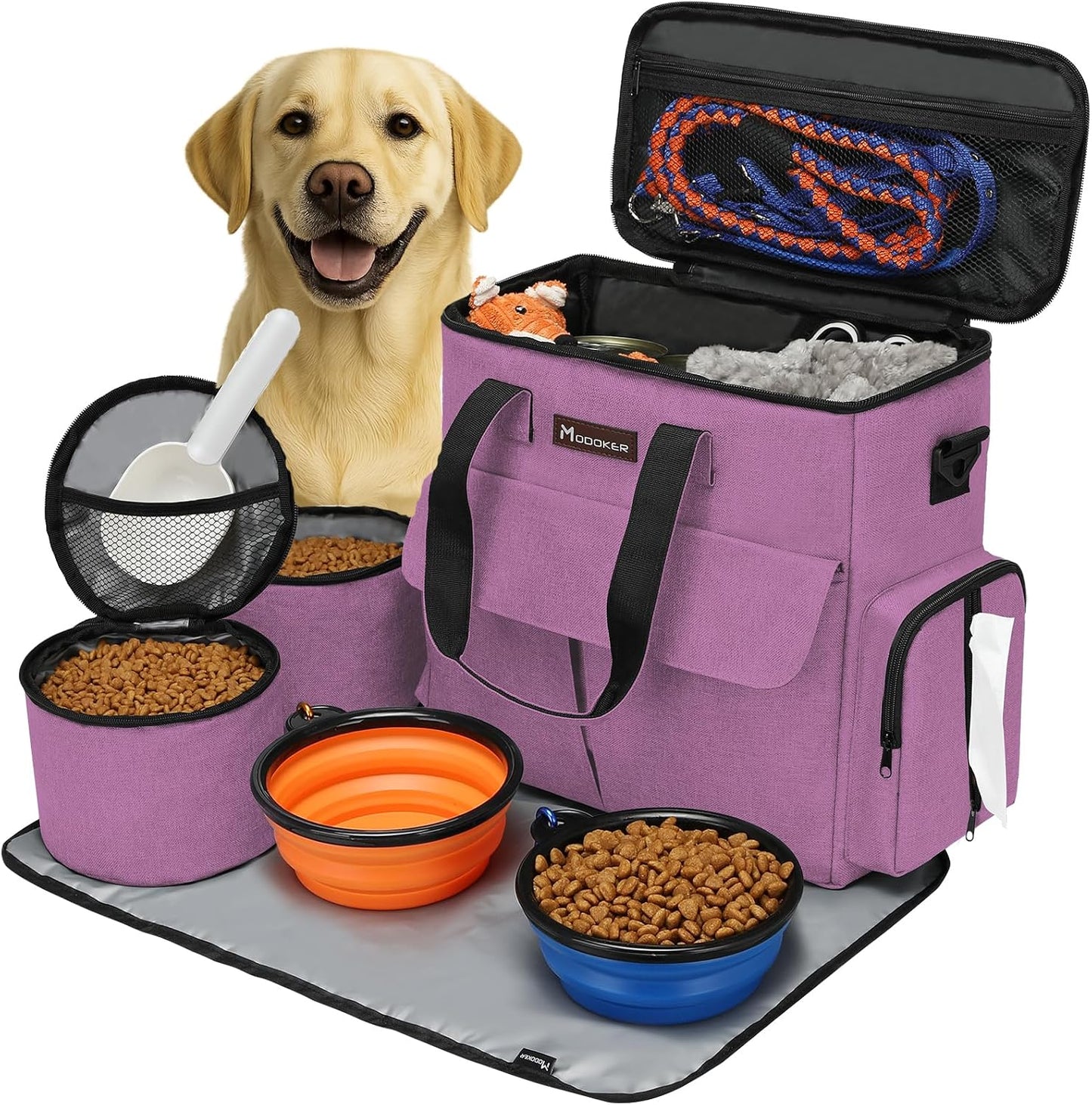 Water resistant pet feeding placemat laid out flat with bowls