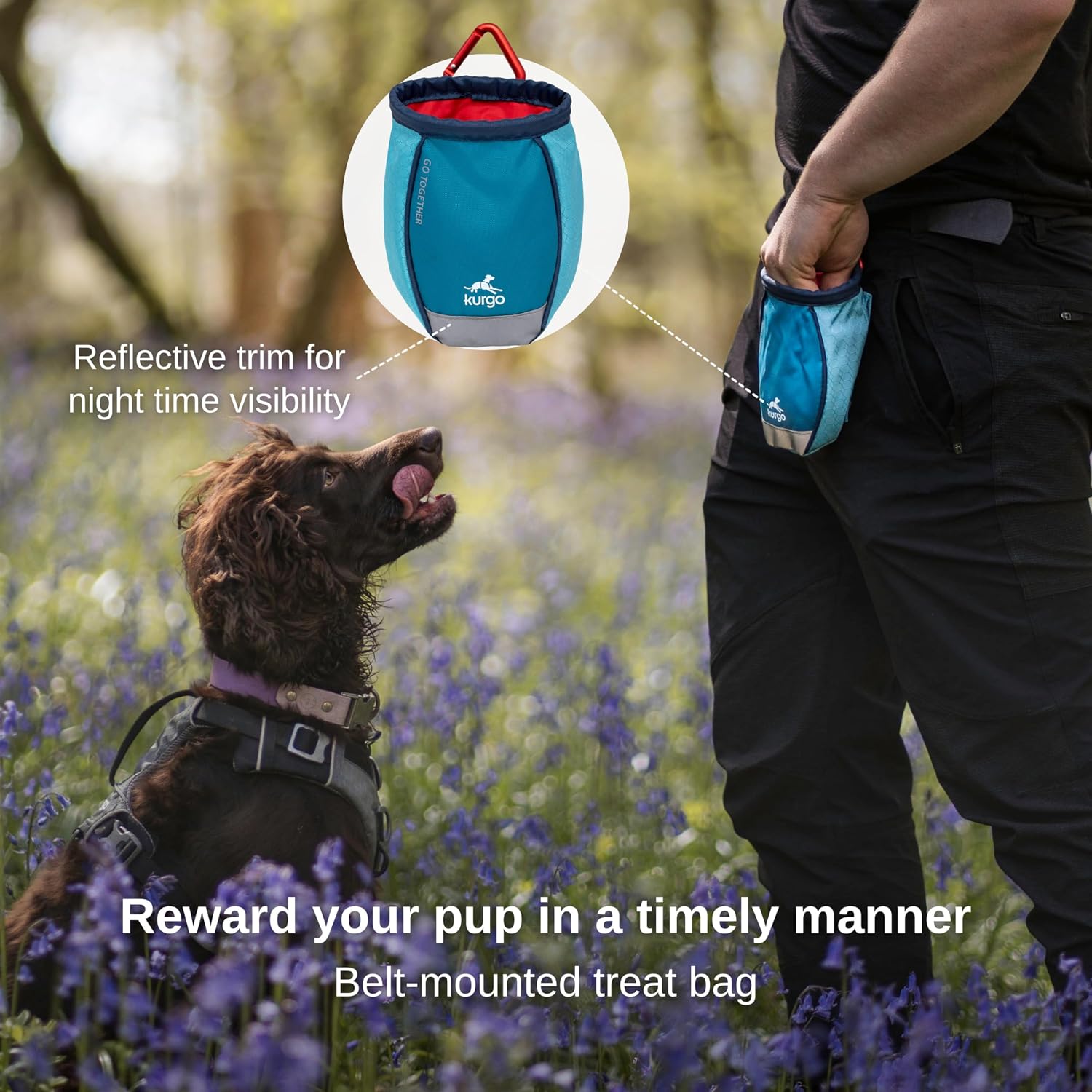 Hands free dog training pouch attached to a belt waist