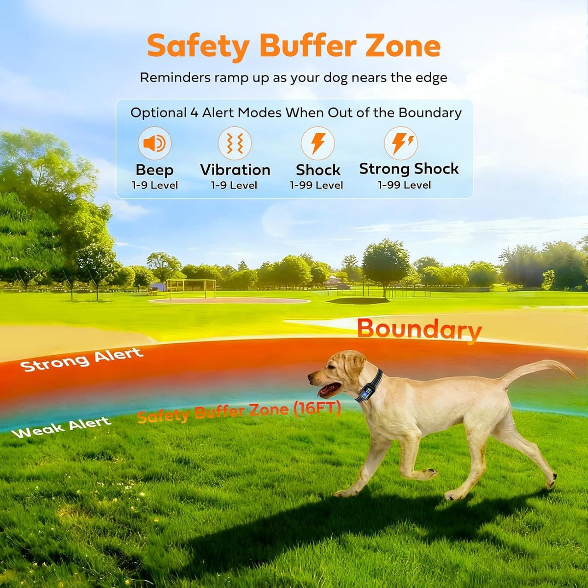 Handheld remote control transmitter showing custom boundary settings for virtual dog fencing