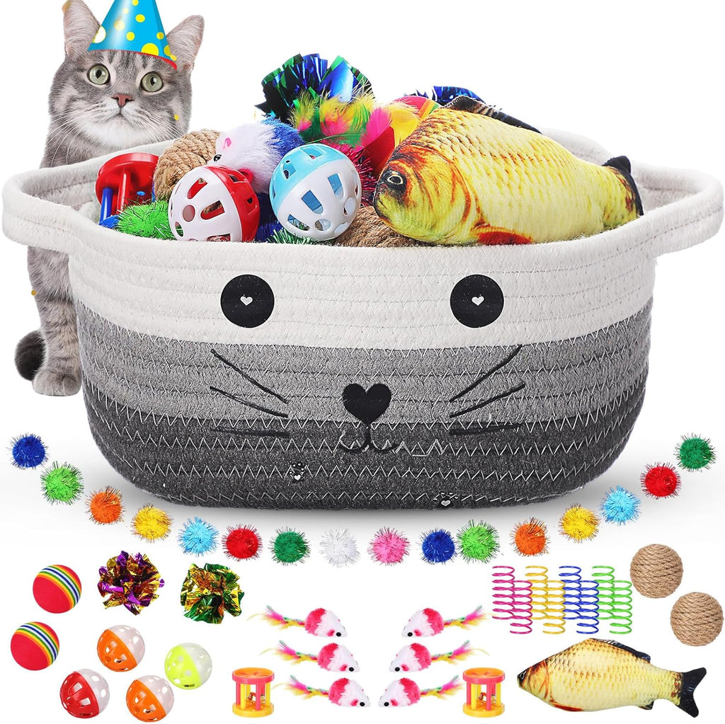 Zopeal 58 Pcs Summer Cat Storage Basket Gift Toys Set, Colorful Flashing Balls Pet Bell Crinkle Balls Spring Toys Attract Cat to Swat, Hunt, Interactive for Pet(Grey,9.8 Inch) - Image 11