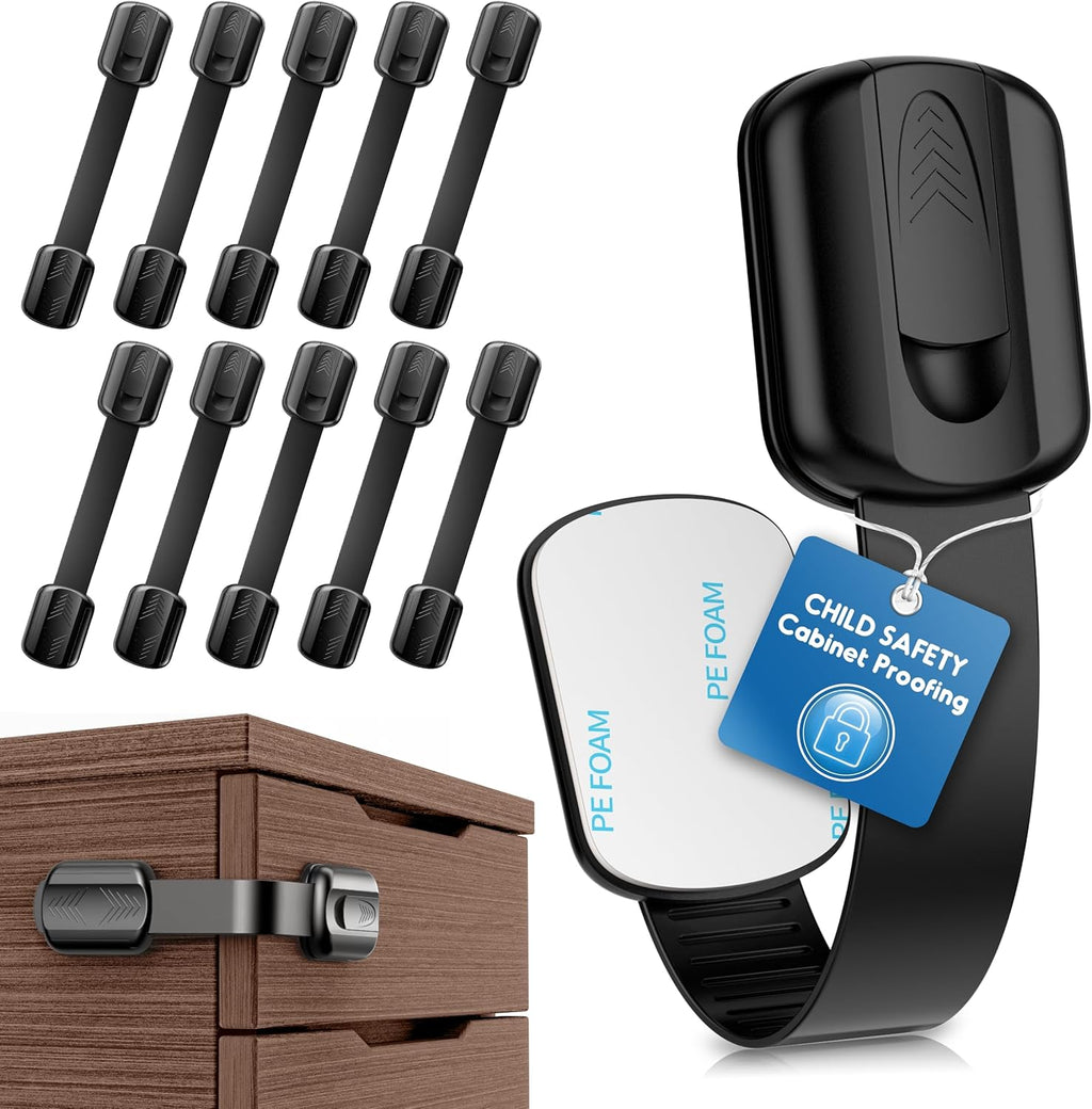 SOGUDE child proof cabinet locks ten pack front view showing black adjustable safety straps on modern kitchen cupboards.