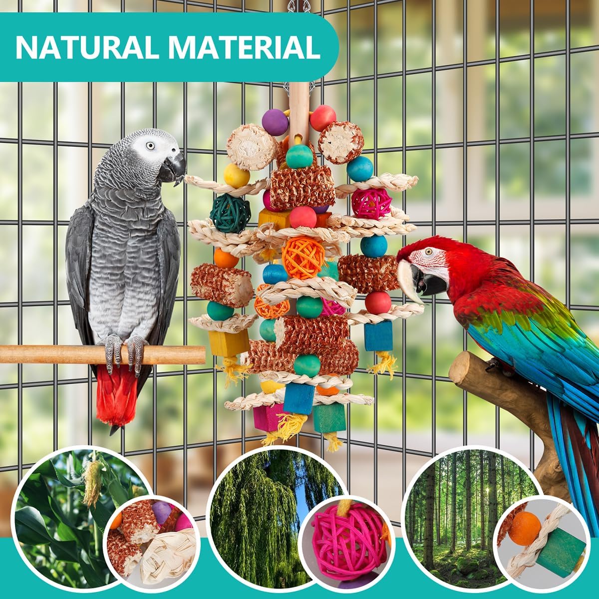 LovyoCoCo bird enrichment toy hanging from a cage wire hook