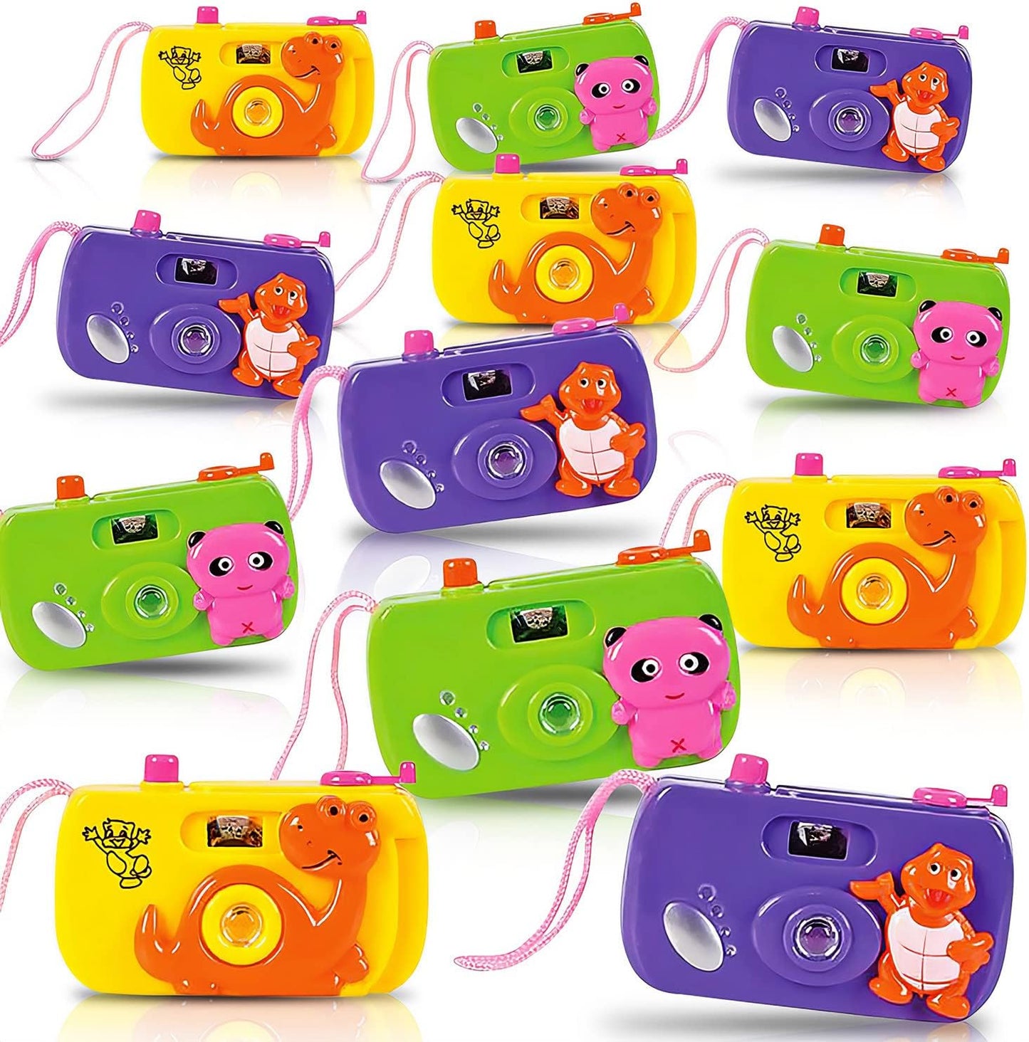 ArtCreativity kids camera toy set front view of twelve colorful animal themed pretend play cameras for party favors.