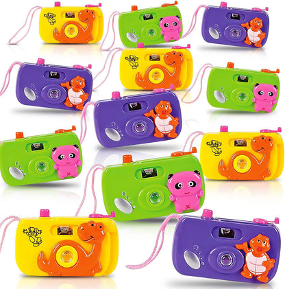 ArtCreativity kids camera toy set front view of twelve colorful animal themed pretend play cameras for party favors.