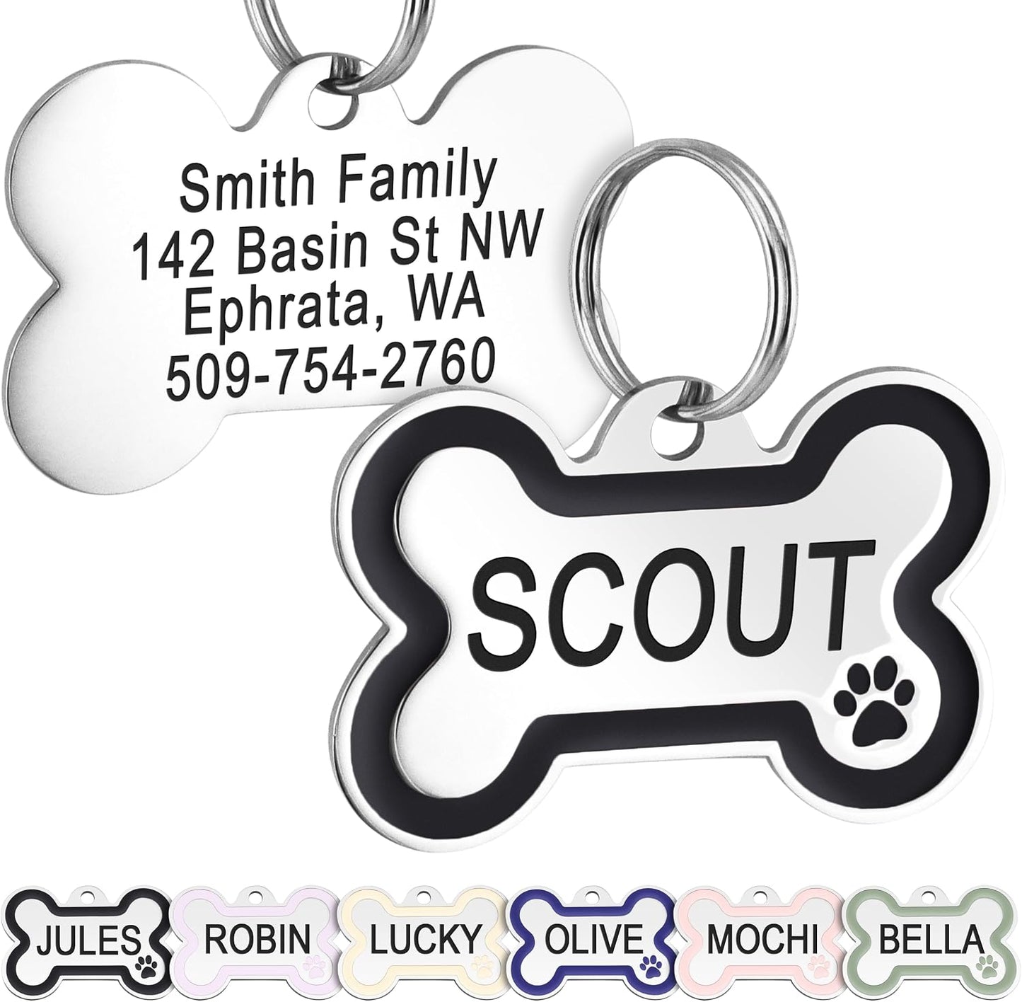 GoTags Stainless Steel Pet ID Bone Round and Heart Shaped Tags with Enamel Paw Design, Personalized Dog and Cat Tags, up to 5 Lines of Custom Text, Engraved on Both Sides (Sage, Regular Bone) - Image 12