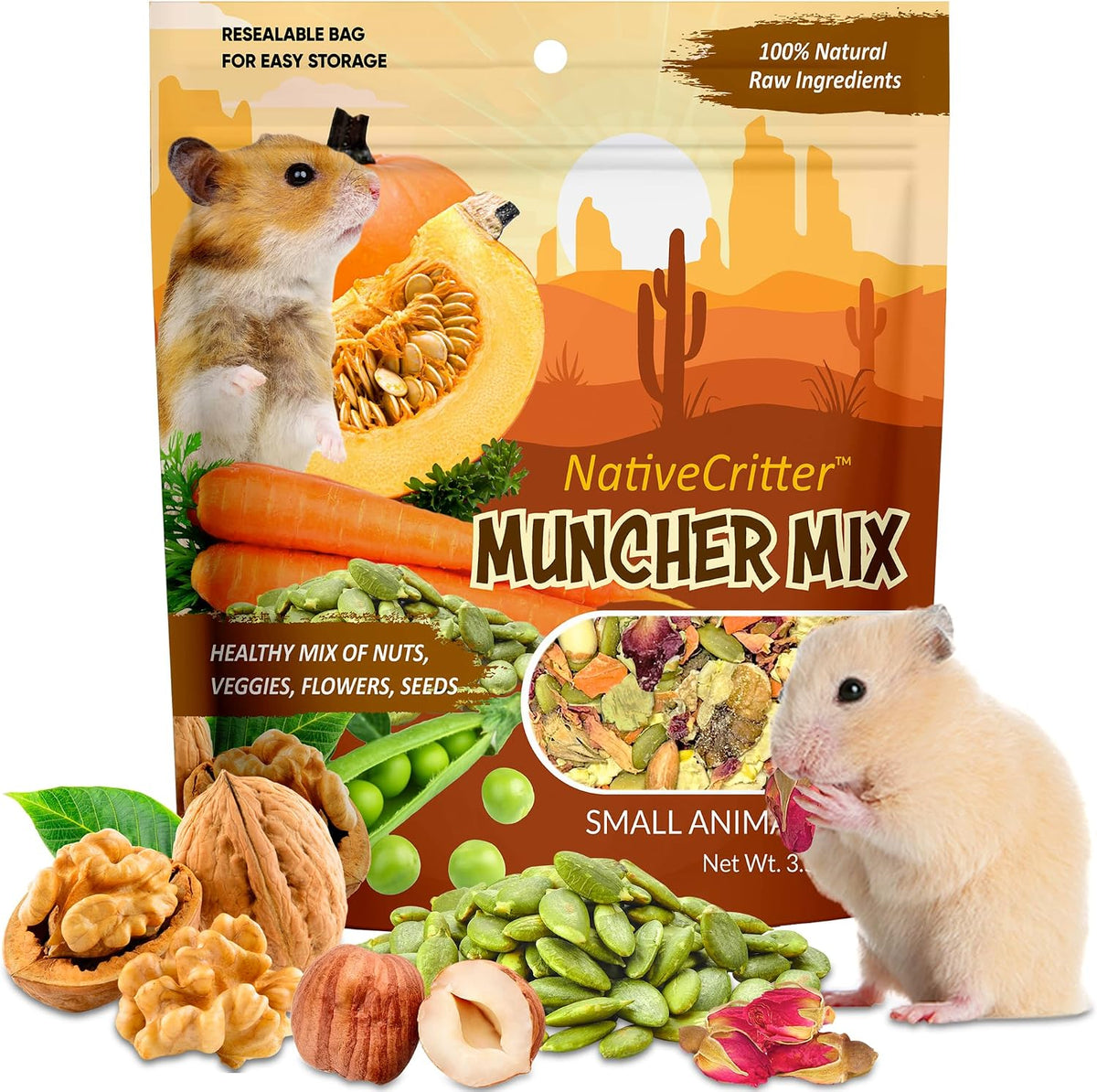 Natural raw seeds and nuts mix poured out for small pets