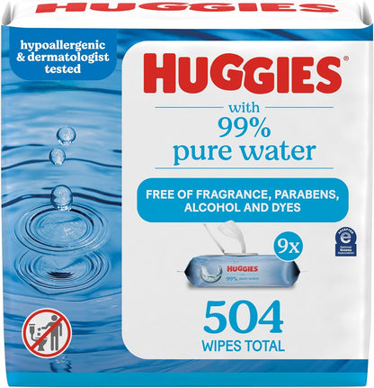 Huggies 99% Pure Water Baby Wipes 9 pack bulk front view
