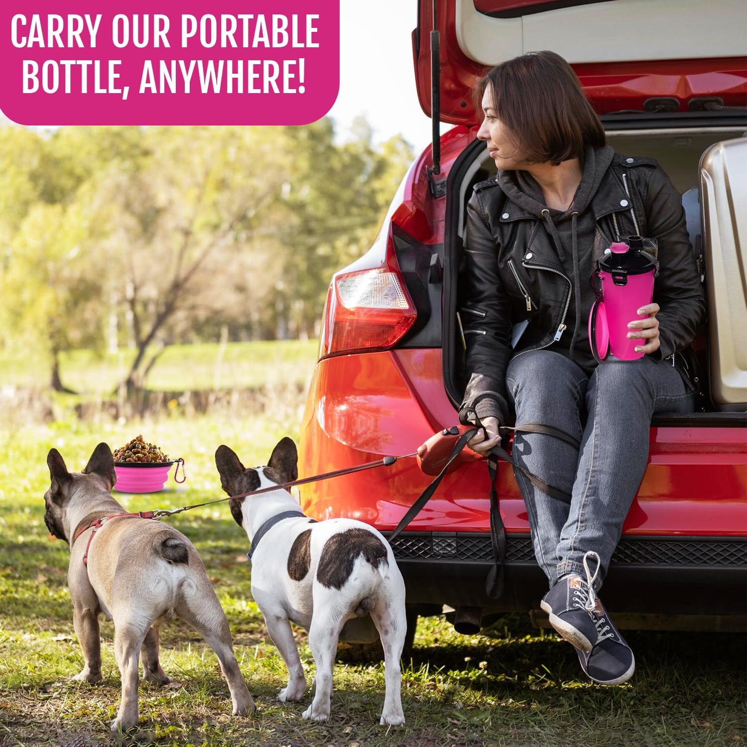 Side view of the durable dual chamber pet walking bottle for food and water storage