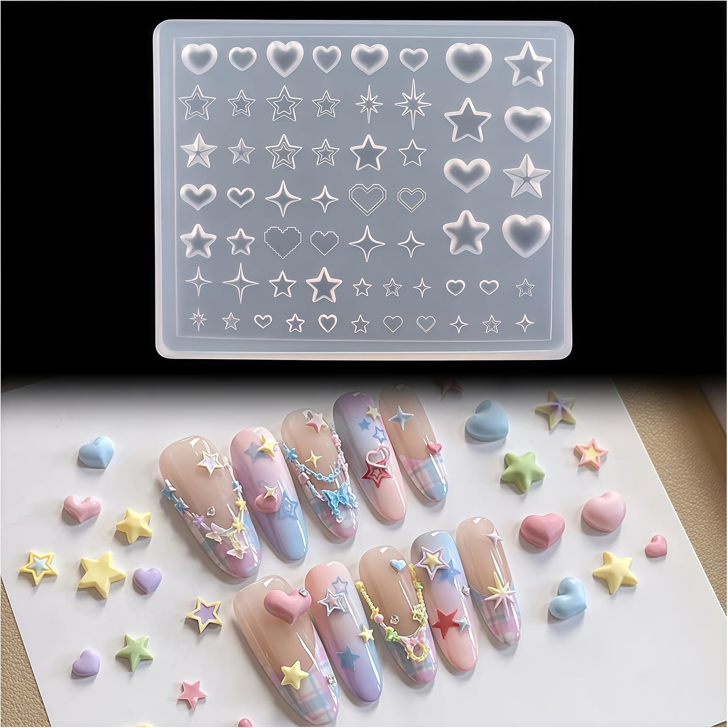 BHCCXZ 3D nail molds front view displaying heart and starburst silicone patterns for professional manicure styling.