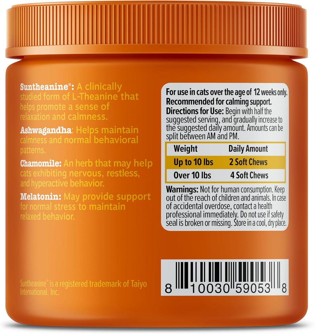 Nutritional facts and daily feeding guide on Zesty Paws cat supplement tub
