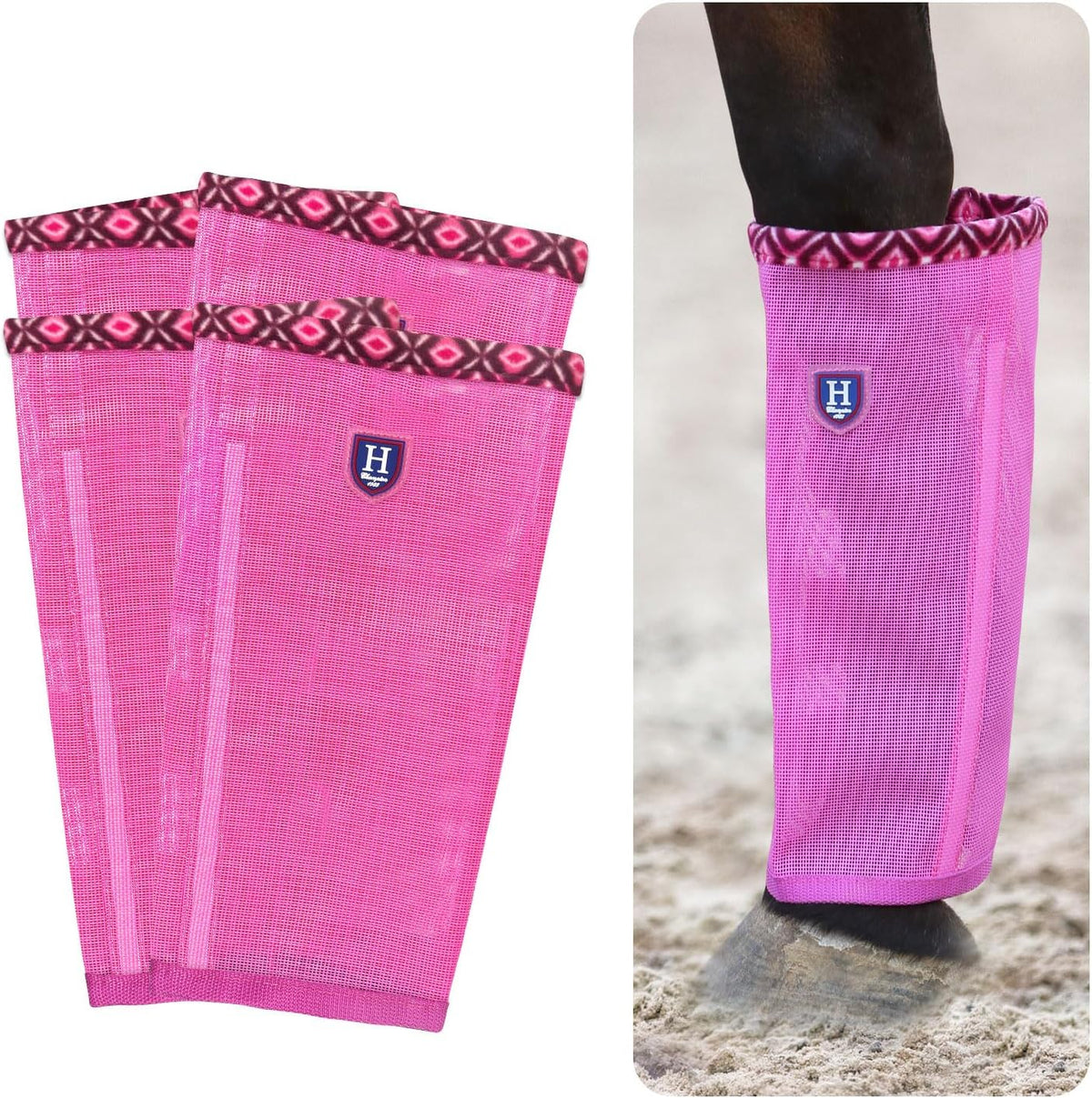 CareMaster fine mesh fly boots front view on horse legs showing hot fuchsia mesh.