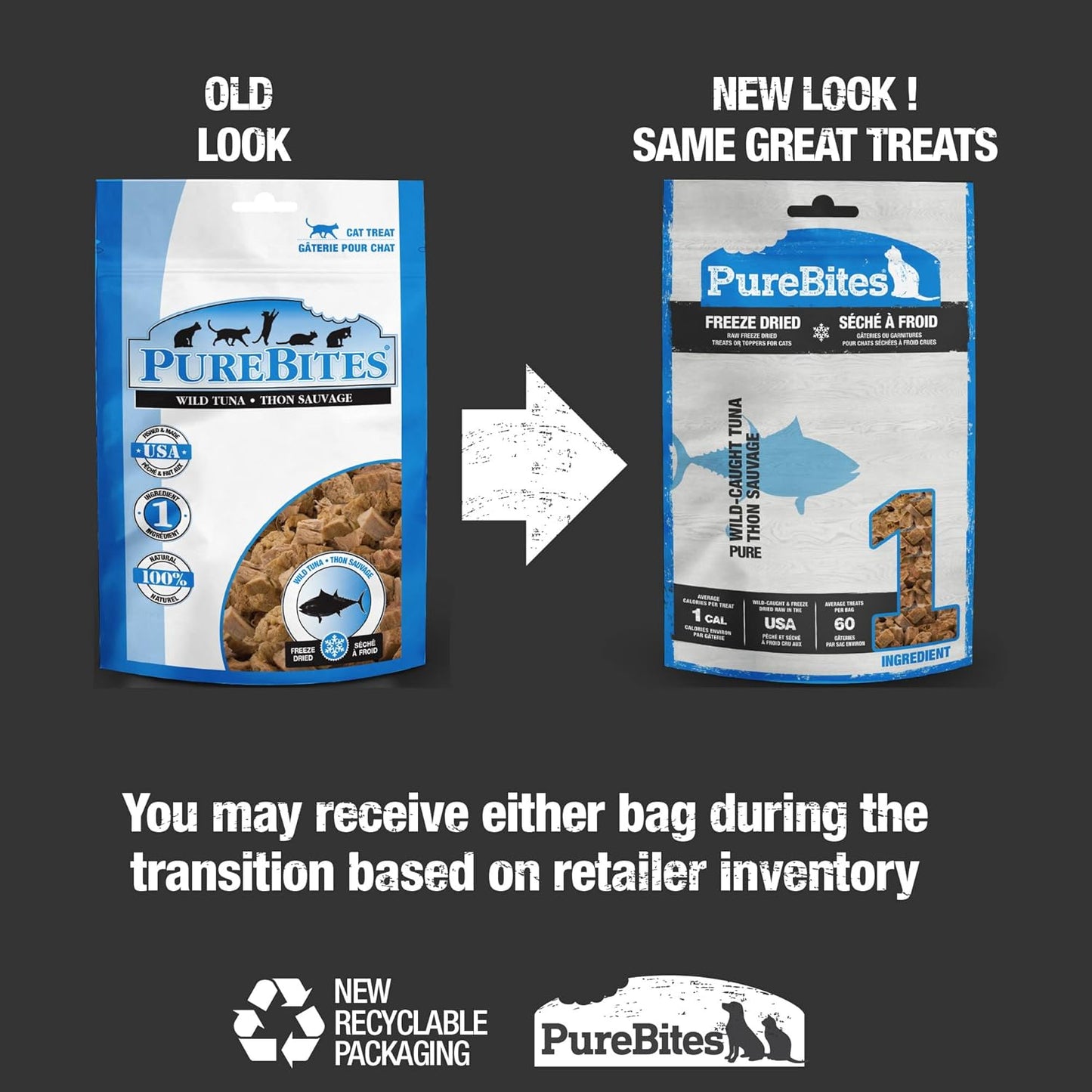 PureBites wild caught raw freeze dried tuna cat snacks packaging highlighting low calorie and high protein benefits.